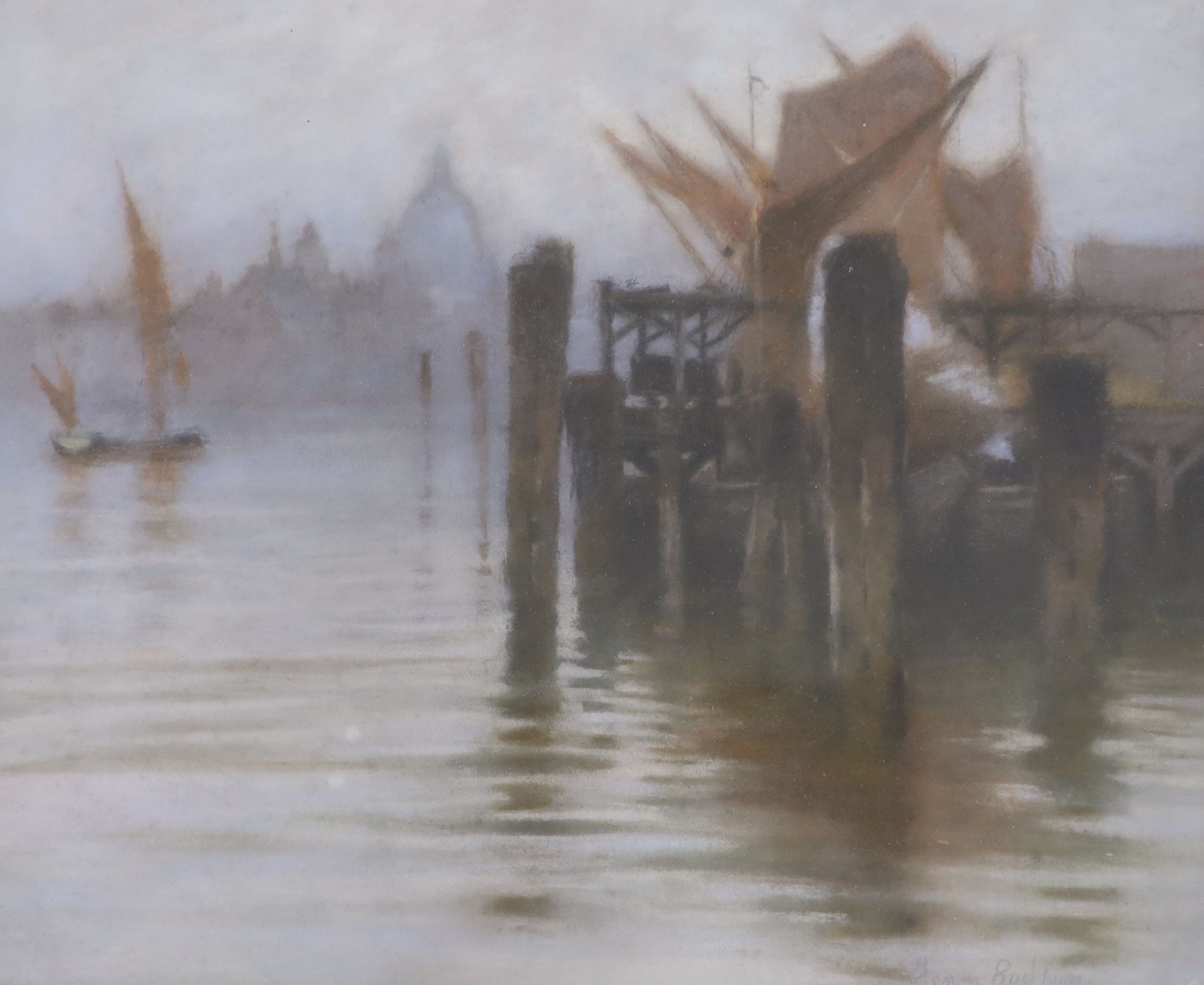 Sir Henry Rushbury (1889-1968), pastel, View from a wharf looking towards St Paul's, bears signature, 34 x 42cm